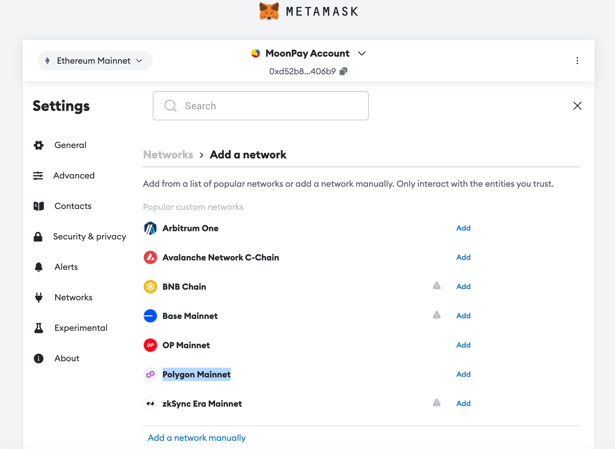 Add network screenshot in MetaMask